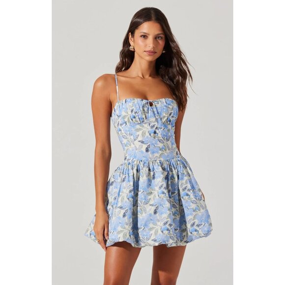 ASTR the Label Larissa Floral Bubble Mini Dress Corset Blue White Medium - Picture 5 of 16